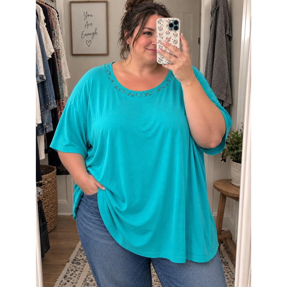 Catherines Suprema Top 5X Turquoise Blue Lace Neck Short Sleeve Stretch Tee